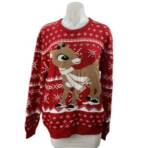 Rudolph Women's Red Reindeer Fair Isle Christmas Long Sleeve Sweater Top Size XL